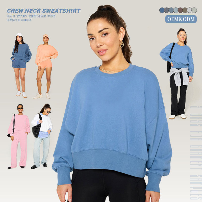 Blue Blend Sweatshirt 80Cotton20Polyester Round Neck Cropped Autumn Winter Women's Hoodie