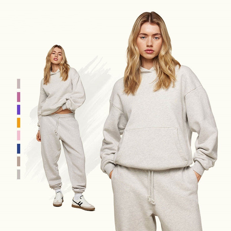 Solid White Heavyweight Hoodie Set Winter Hooded Joggers 2-Piece Women's Hoodie Set