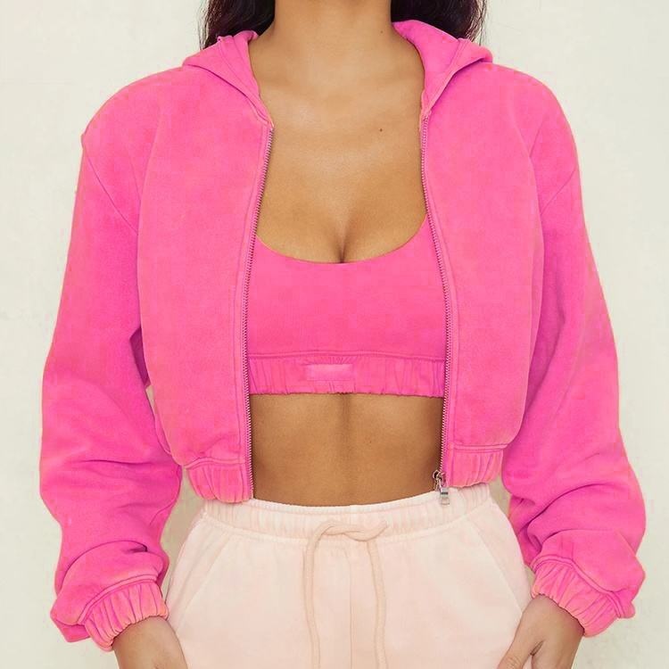 French Terry Hoodie Set Y2K Style Embroidery Zip-Up Cropped 2-Piece Women's Hoodie Set