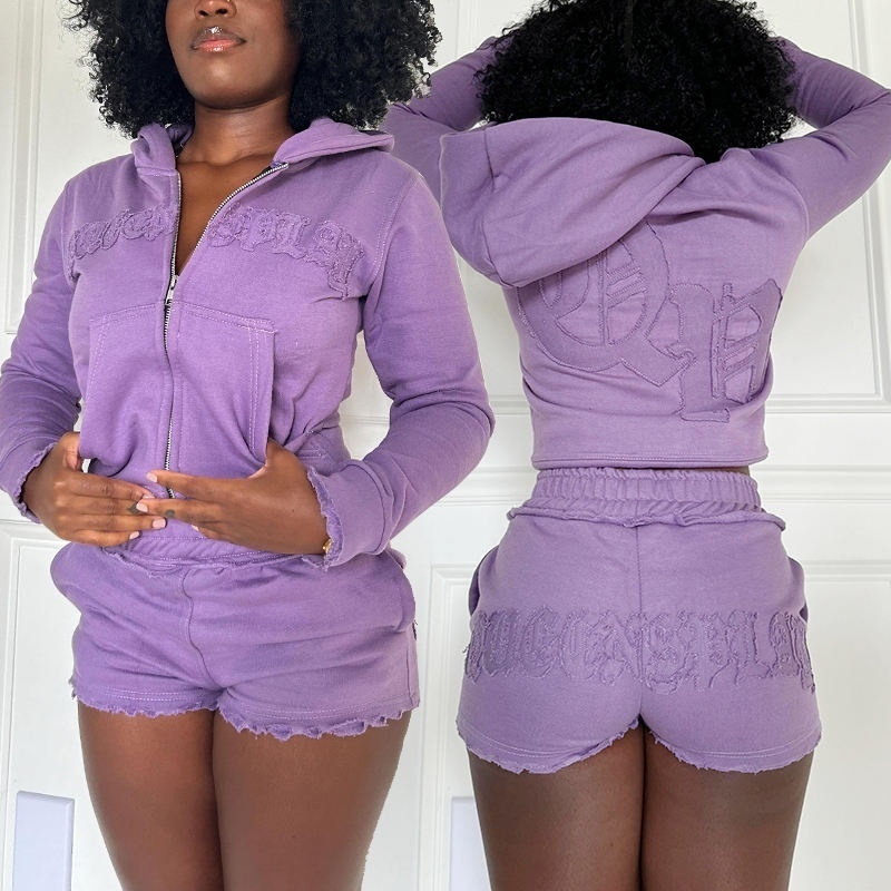 Appliqué Embroidered Hoodie Set: Women's Cropped Zip-Up 100% Cotton French Terry