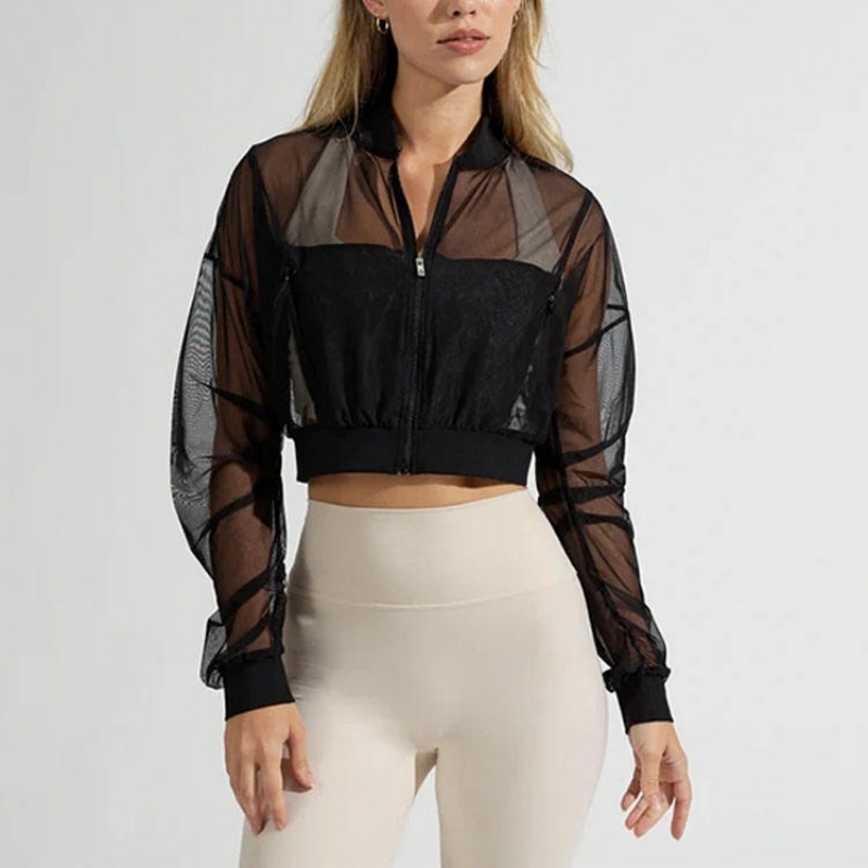 Breathable Polyester Spandex Fitness Mesh Long Sleeve Front Zip Pocket Women's Hoodie