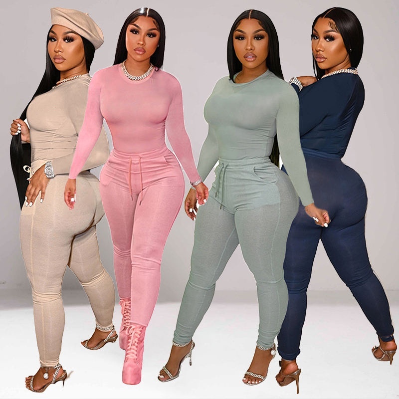 High-Elasticity 2-Piece Gym Set - Women's Long Sleeve Fitted Top & Jogger Leggings for Yoga & Fitness