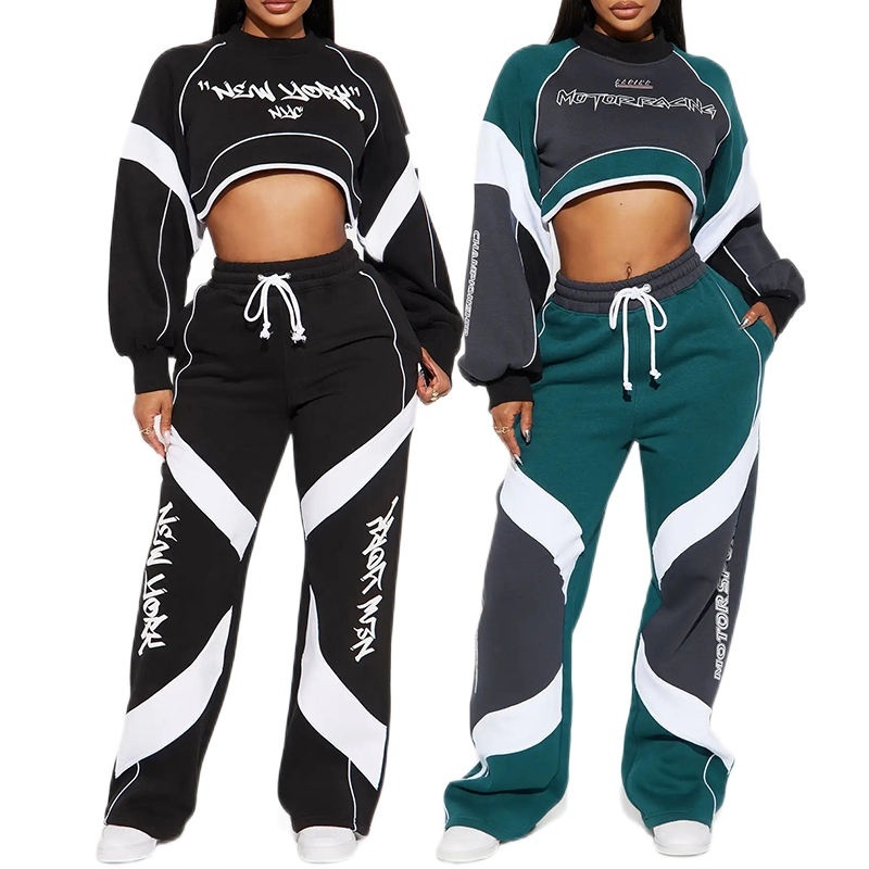 Color Block Patchwork Cropped Hoodie and Pants Women's Hoodie Set
