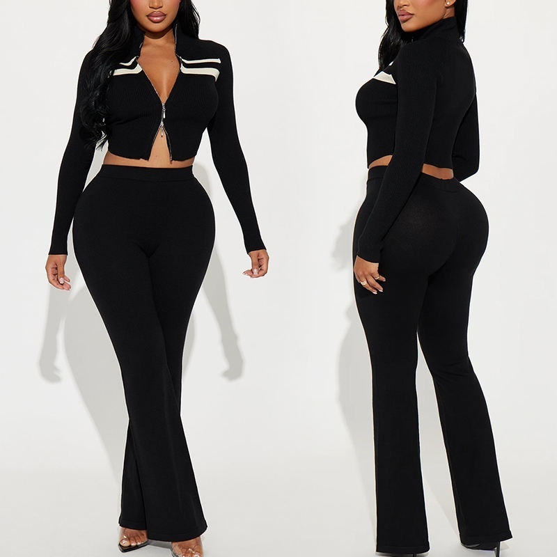 Color Block Stand Collar Slim Fit Premium Knit Top and Pants Women's Hoodie Set