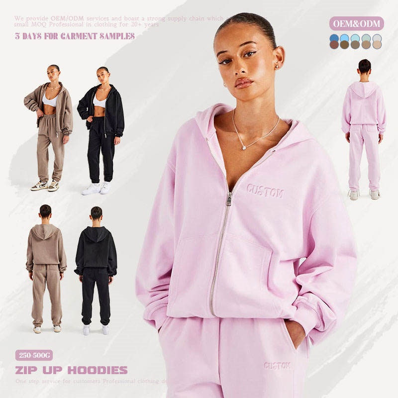 Pink Heavyweight Hoodie Set 100%Cotton 300g Oversized Zip-Up Women's Hoodie Set