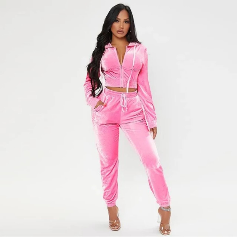 Velour Hoodie Set | Zip-Front Hoodie & Pants, Sexy Sport Style Women's Hoodie Set