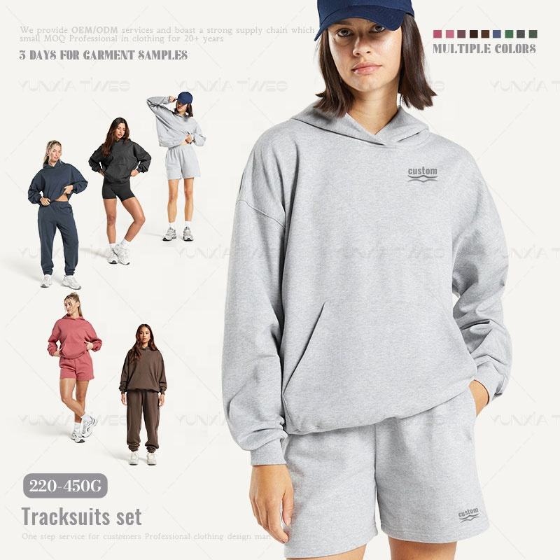 Gray French Terry Hoodie Set 420gsm Cotton Shorts Sport Style Women's Hoodie Set