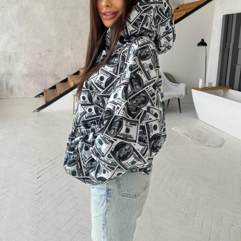 High Quality Money DTG Print Oversized Pullover Sweatshirt Custom All Over Dollar Pattern Hip Hop Streetwear Women's Hoodie