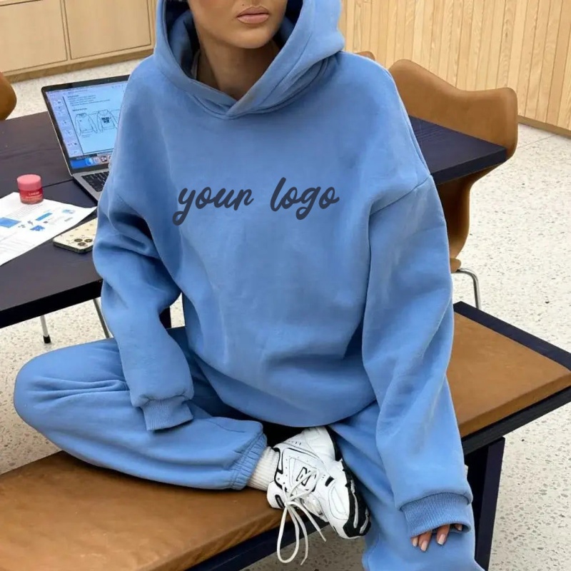 Thick Cotton Perfect Winter Style Heavyweight Pullover Oversized Blue Custom Printable Women's Hoodies Set