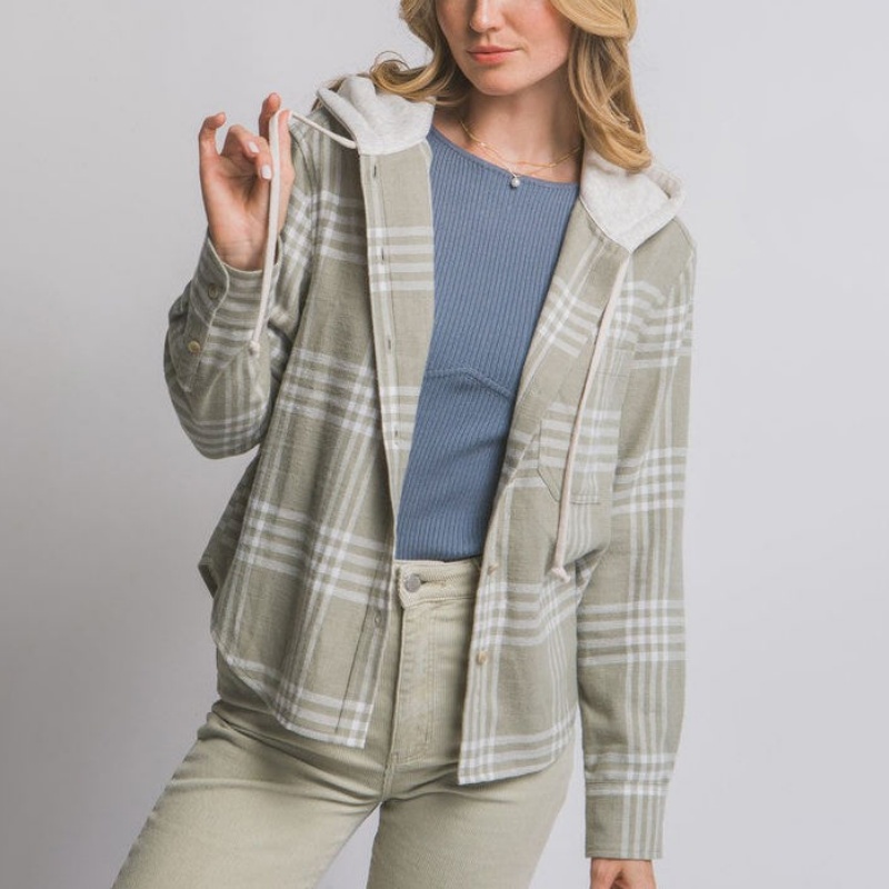 Plaid Flannel Button up with Drawstring Shirt Soft Brushed Cotton Shirt Jacket Daily Wear Women's Hoodie