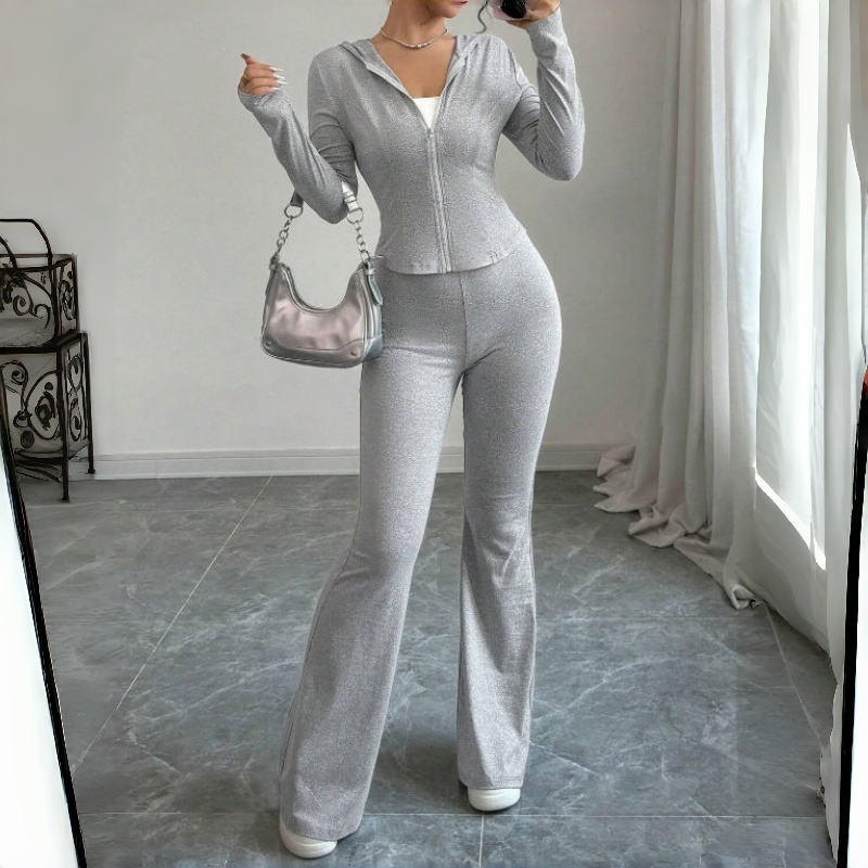 Full-Zip Hoodie Set Solid Pattern Jogging 2-Piece Women's Hoodie Set