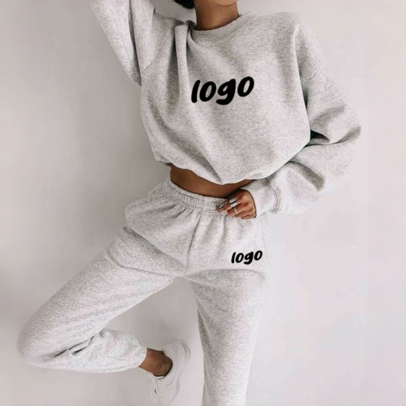Solid White Kangroo Pocket Pullover Sweatshirt Custom Logo Puff Printing Embroidered Technics for Winter Women's Hoodie Set