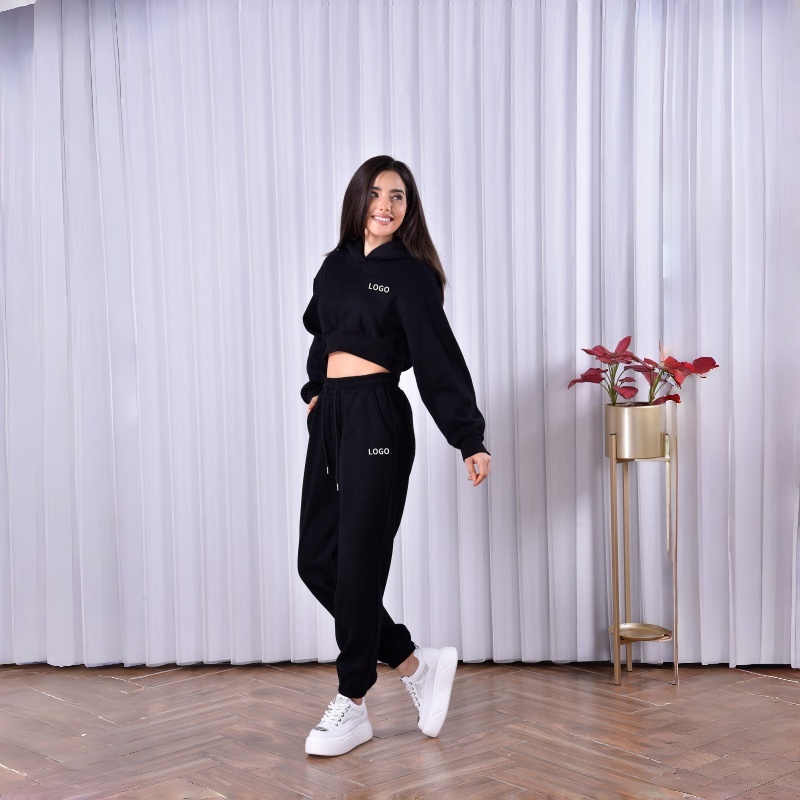 Black Heavyweight Knit Hoodie Set | 3D Print Embroidery, Plus Size Cut, Custom Logo Women's Hoodie Set