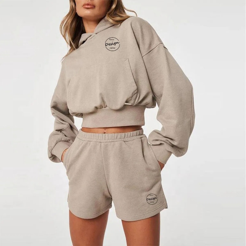2025 Wholesale Custom Crop Top Tracksuit Sweatsuit Solid Kangaroo Pocket Pullover Side Pocket Shorts and Cropped Women's Hoodie Set