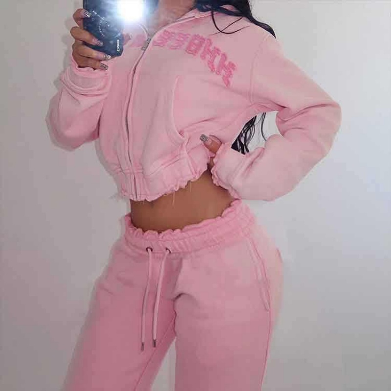 Cut-and-Sew Sweatsuit Set - Cropped Hoodie & Joggers with Distressed Embroidery & Patches