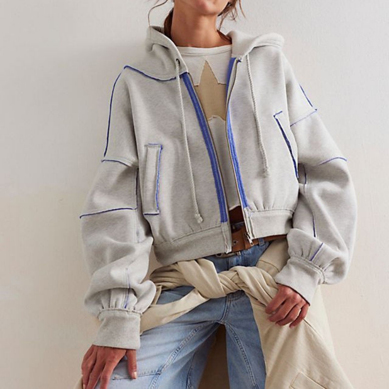 Custom Logo Embroidered Winter Casual Pathwork Grey Full Zip Front Pullover Drawstring Reverse Side Oversized Women's Hoodie