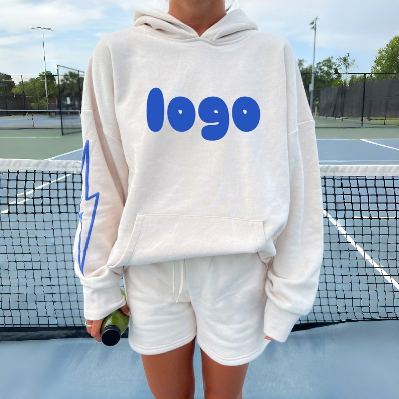 High Quality with Kangaroo Pocket Casual Relaxed Fit Knitted Design Screen Print Logo on Front for Autumn Winter Women's Hoodie Set