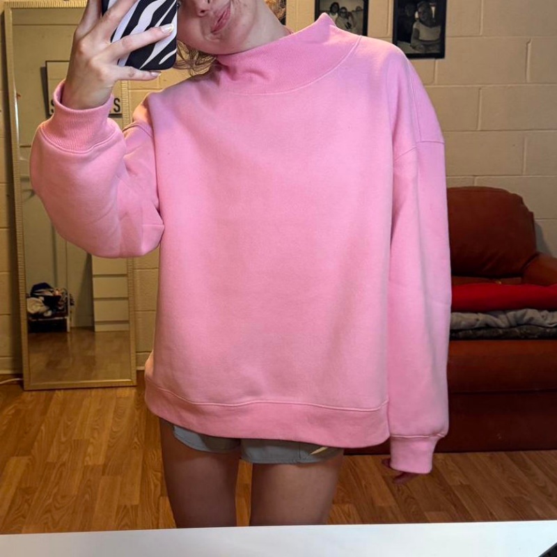 High Quality Women's Oversized Heavyweight Pink Solid Color Fleece Pullover Embroidered Mock Neck Winter Women's Hoodie