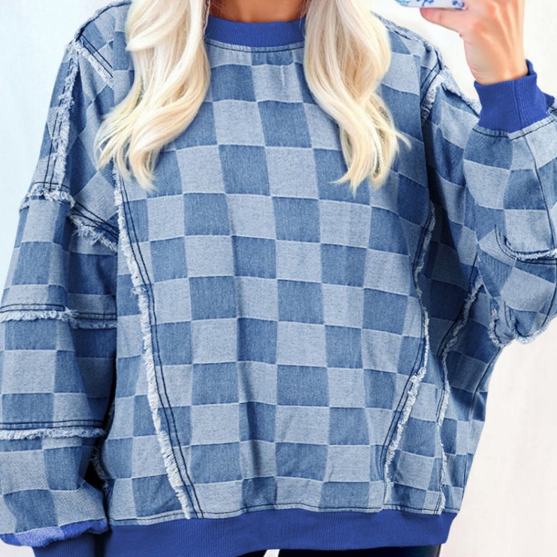 High Quality Women's Oversized Pullover Acid Washed Checkered Sweatshirt Streetwear Knitted Women's Hoodie