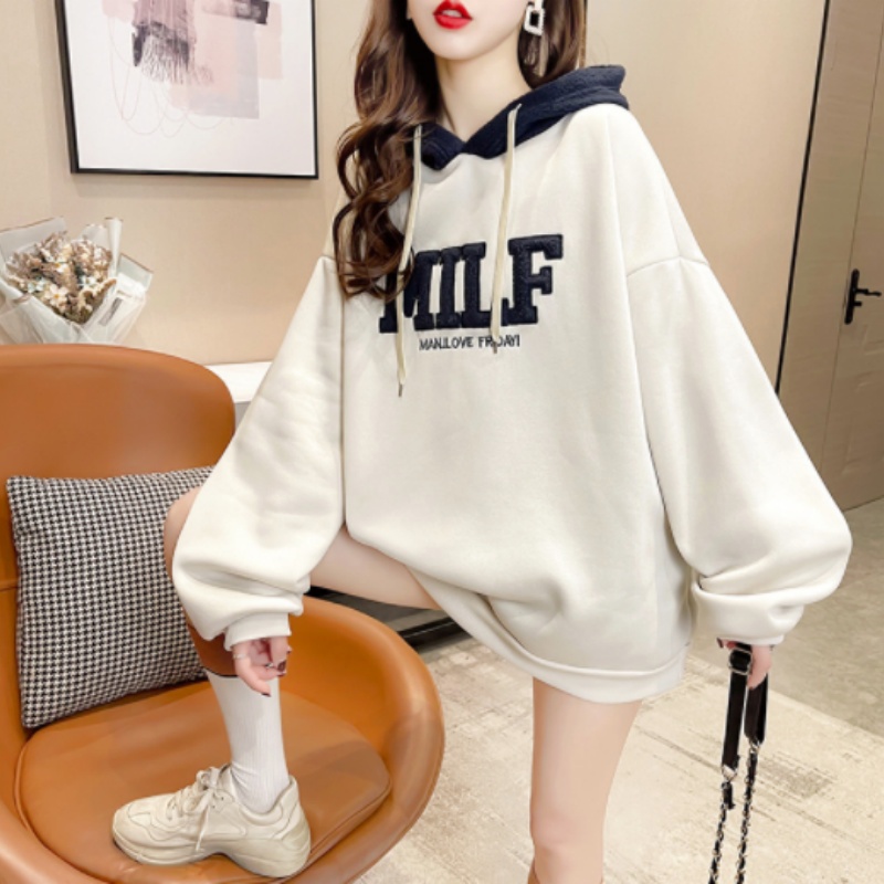 Boyfriend Style Hoodie 50% Lambswool Blend Letter Patch Velour Women's Hoodie