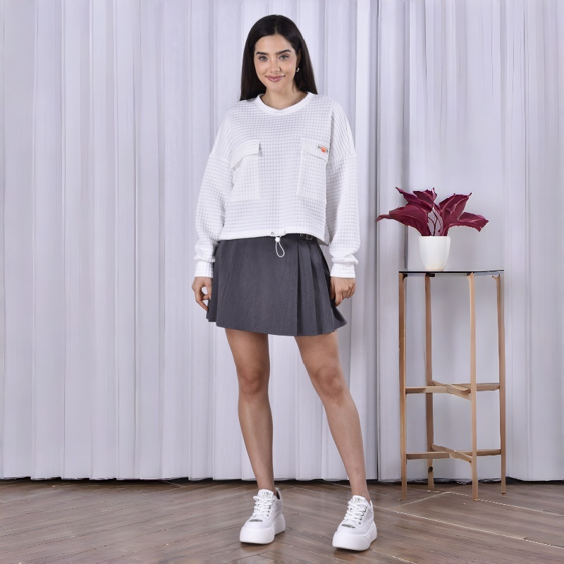 White Waffle Hoodie Round Neck Oversized Relaxed Fit Drawstring Pocket Knit Women's Hoodie