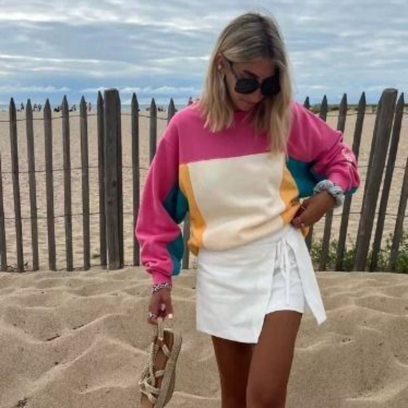 Three Tone Color Block Long Sleeve Pullover Sweatshirt Loose Fit Casual Printed Knitted Autumn/Winter Women's Hoodie