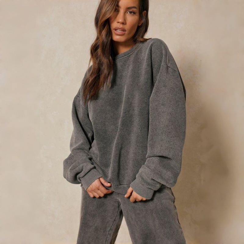 100% Cotton Oversized Crewneck Sweatshirt Rib Hem Fit Acid Wash Full Length Casual Autumn Winter Printed Knitted Women's Hoodie