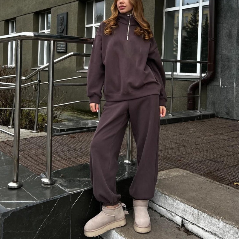 Brown Ribbed Collar Quarter Zip Sweatshirt for Women Casual Loose Fit Pullover Streetwear Women's Hoodie Set