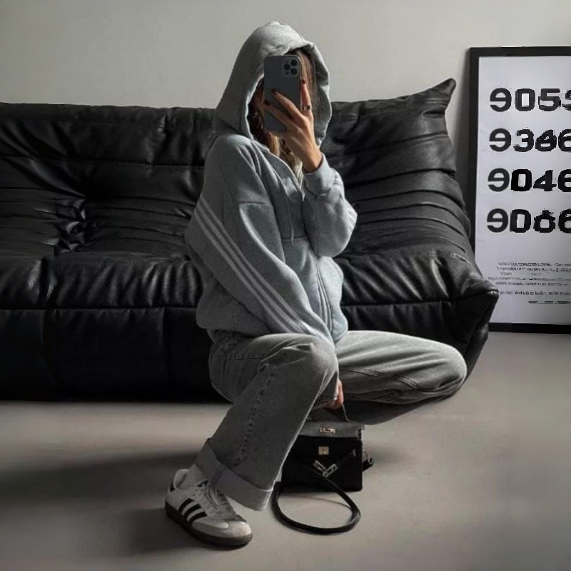 Classic Striped Full Zip Pullover Jumper Side Pocket Gray Solid Casual Winter Autumn Women's Hoodie