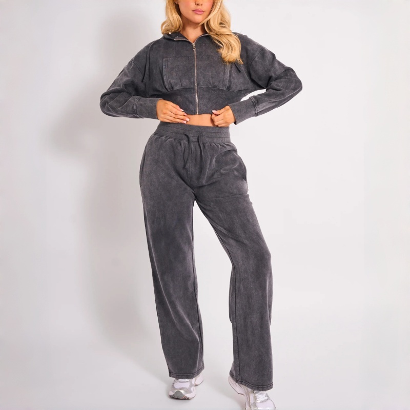 Daily Wear 2 Pieces Custom logo Tracksuit Acid Washed Sweatpants and Full Zip up Cropped Side Pocket Women's Hoodie Set