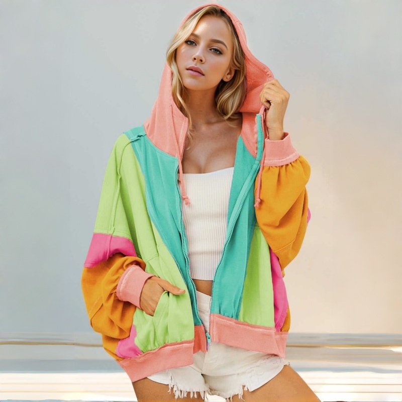 Autumn Trendy Casual with Drawstring Baggy Color Block Knitted Draw Cord Hood Zip-up Women's Hoodie