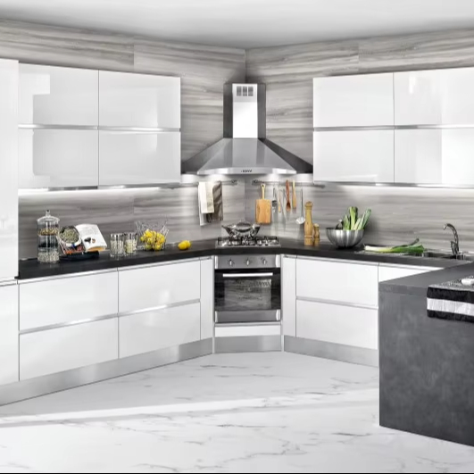 Luxury Stainless Steel Kitchen Cabinets with Matte Gold Hardware
