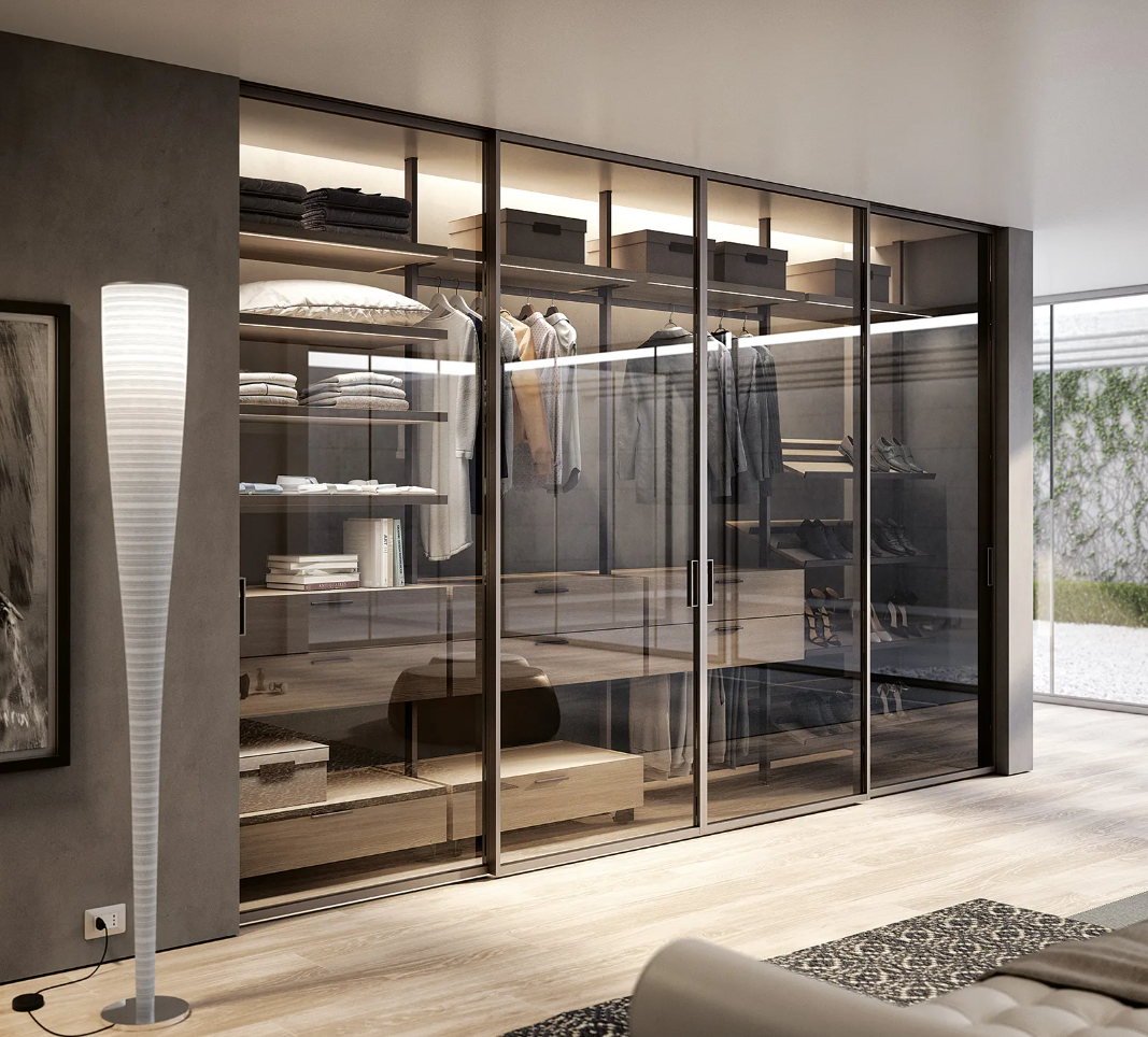 Modern Clothe Wood Walk in Closet Bedroom Glass Wardrobe Furniture Cabinets with Doors