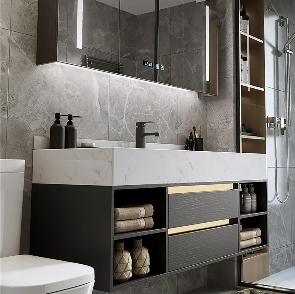Economic Modern Bathroom Furniture Luxury Wall Mounted 1Sink Hotel White Bathroom Cabinet Vanity