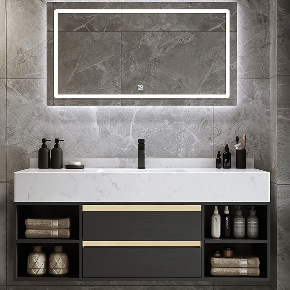 Economic Modern Bathroom Furniture Luxury Wall Mounted 1Sink Hotel White Bathroom Cabinet Vanity