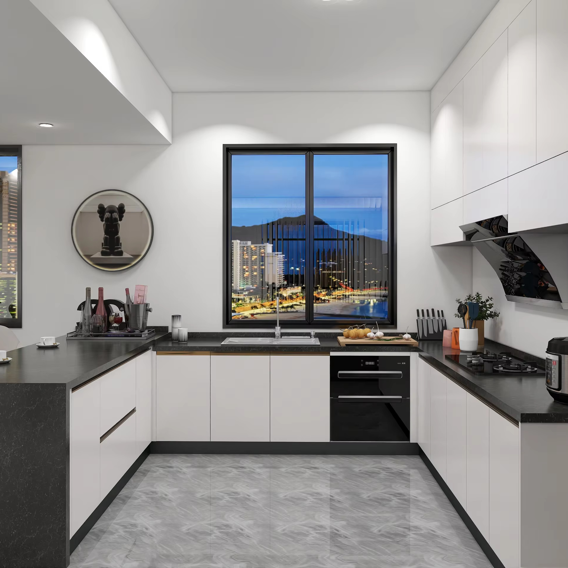 Luxury Stainless Steel Kitchen Cabinets with Marble Backsplash Pairing