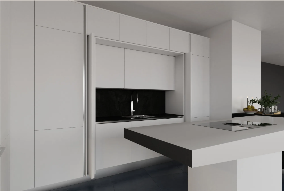 Hideaway Ceramic Kitchen Cabinet with Peninsula