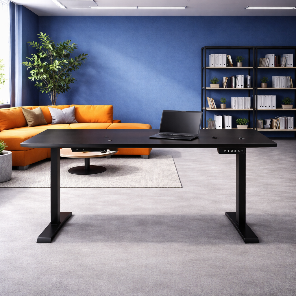 ZY-02 Electric Standing Desk Blue Curtain Home Office Scene