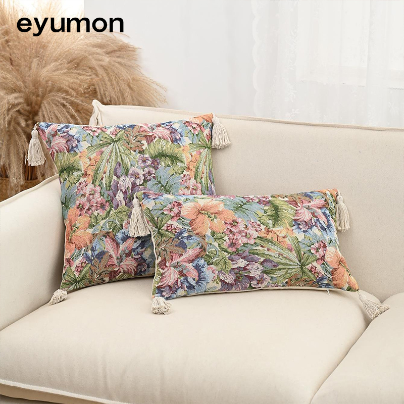 Cotton and linen jacquard tassel floral and botanical design cushion cover with filling
