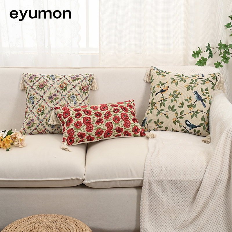 Cotton and linen jacquard tassel floral and botanical design cushion cover with filling