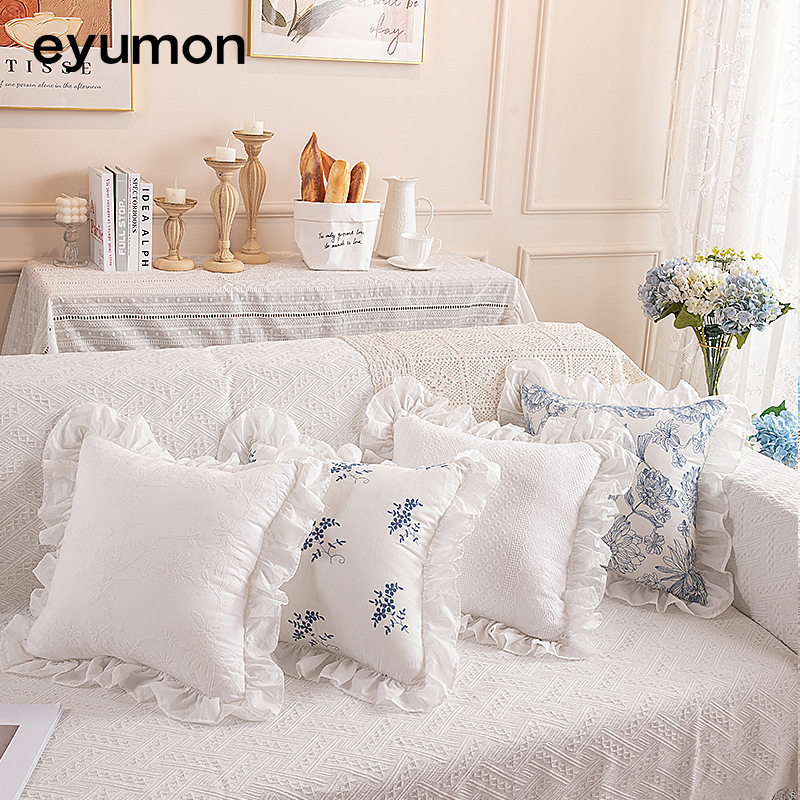 Wholesale pastoral-style embroidered cotton cushions with ruffled edges including pillowcase.
