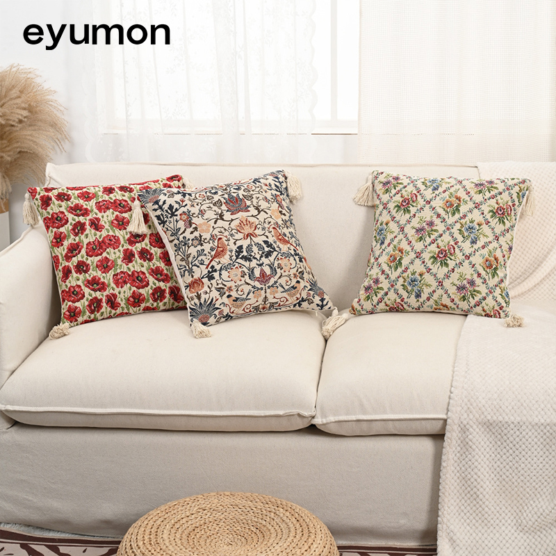 Cotton and linen jacquard tassel floral and botanical design cushion cover with filling