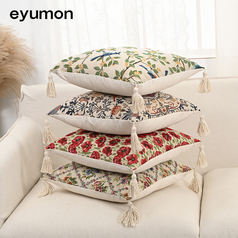 Cotton and linen jacquard tassel floral and botanical design cushion cover with filling
