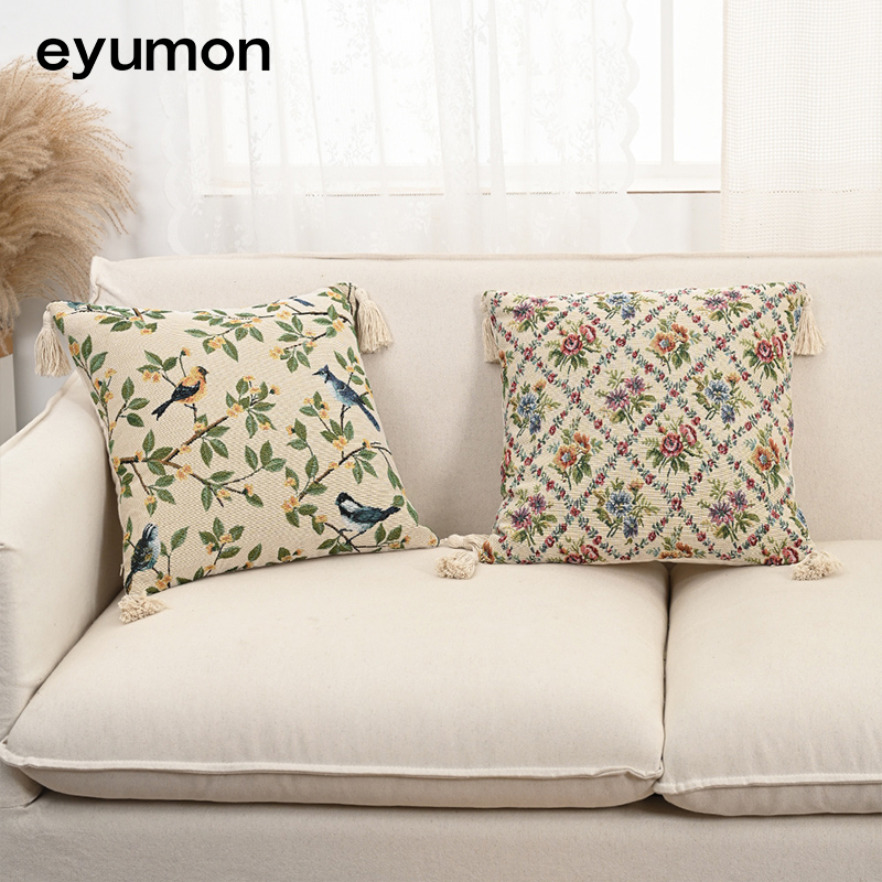 Cotton and linen jacquard tassel floral and botanical design cushion cover with filling