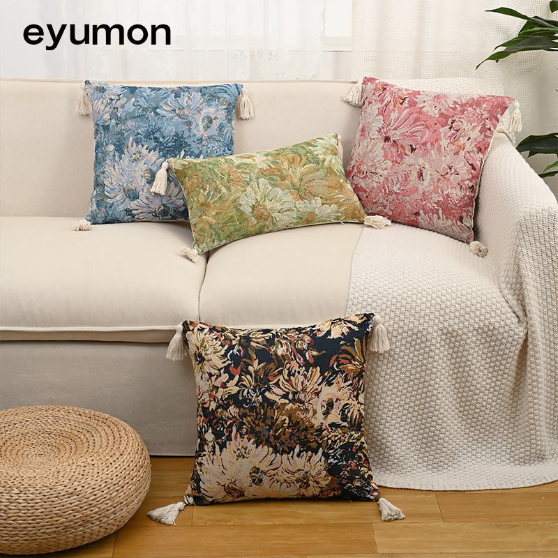 Cotton and linen jacquard tassel floral and botanical design cushion cover with filling