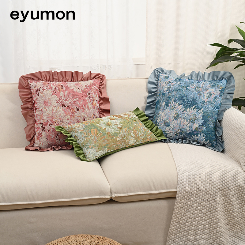 Cotton and linen jacquard tassel floral and botanical design cushion cover with filling