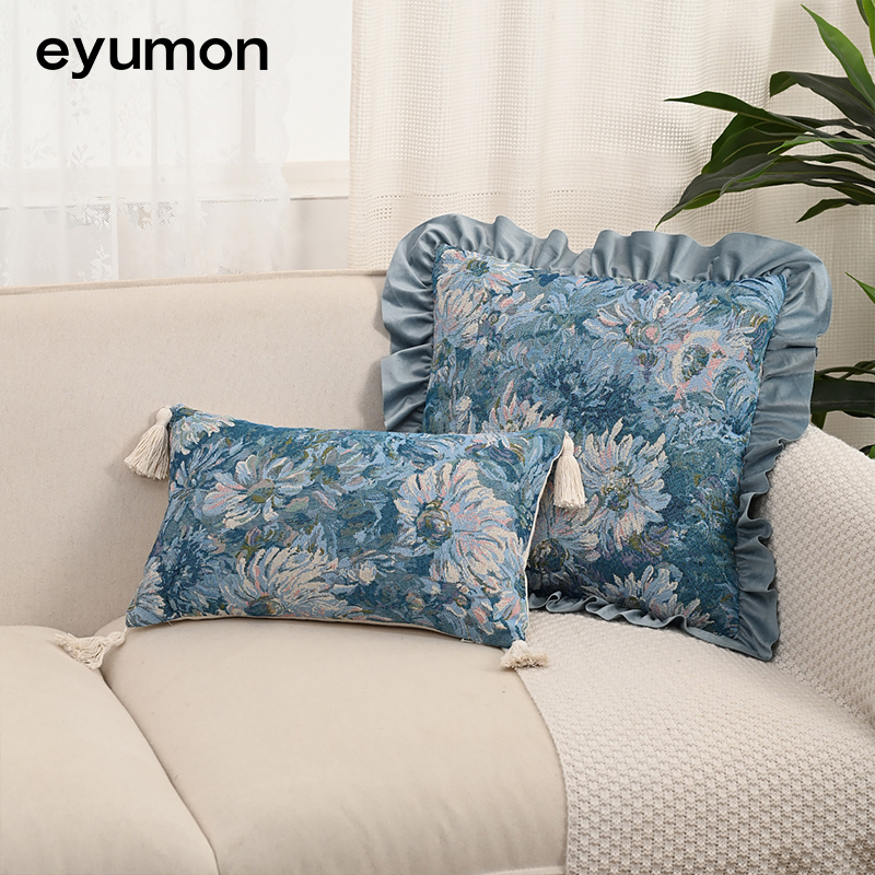 Cotton and linen jacquard tassel floral and botanical design cushion cover with filling