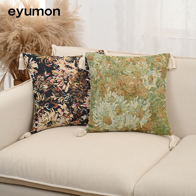 Cotton and linen jacquard tassel floral and botanical design cushion cover with filling