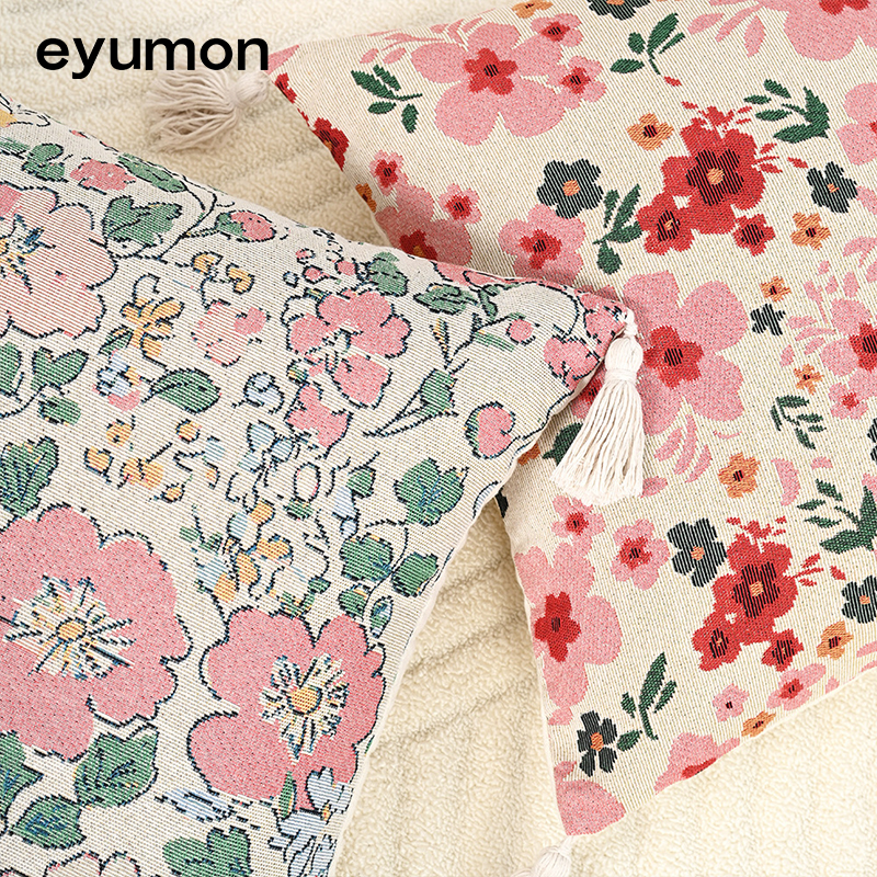 Cotton and linen jacquard tassel floral and botanical design cushion cover with filling