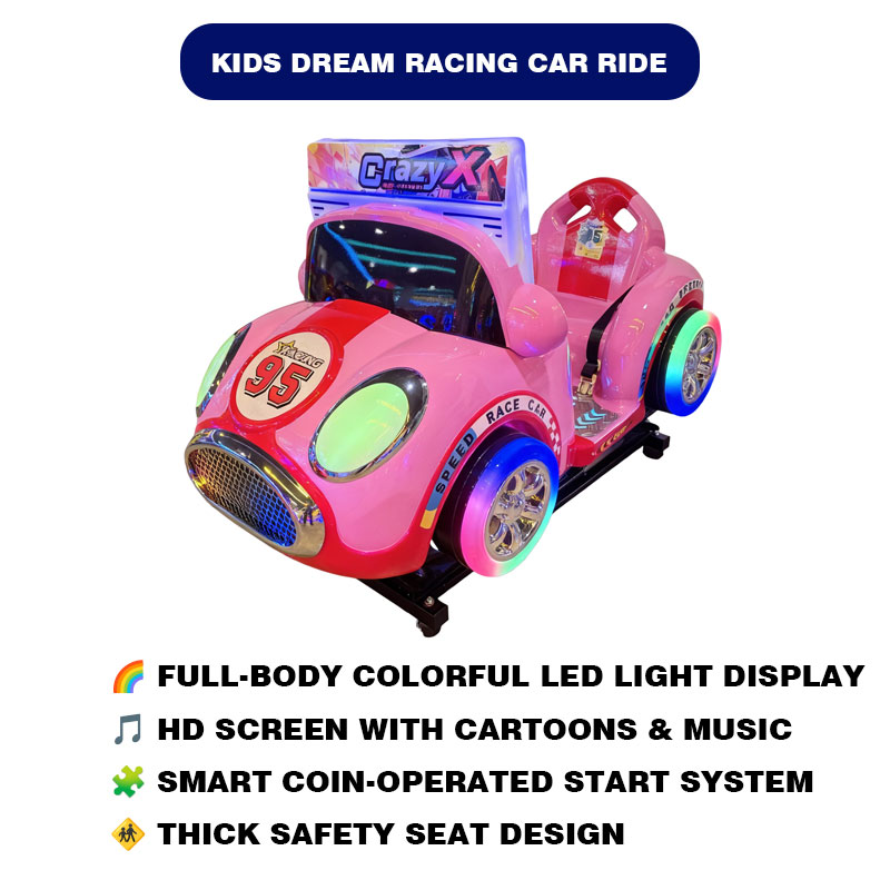 Ninix Pink Race Car Themed Kids Arcade Ride LED Lighted Coin Operated Amusement Game Stainless Steel Indoor Play English